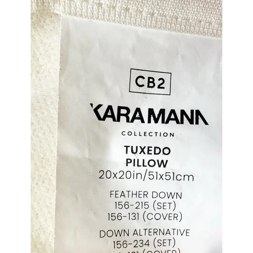 CB2 Kara Mann Tuxedo Throw Pillow Cover 20x20 White Linen Black Leather Trim
